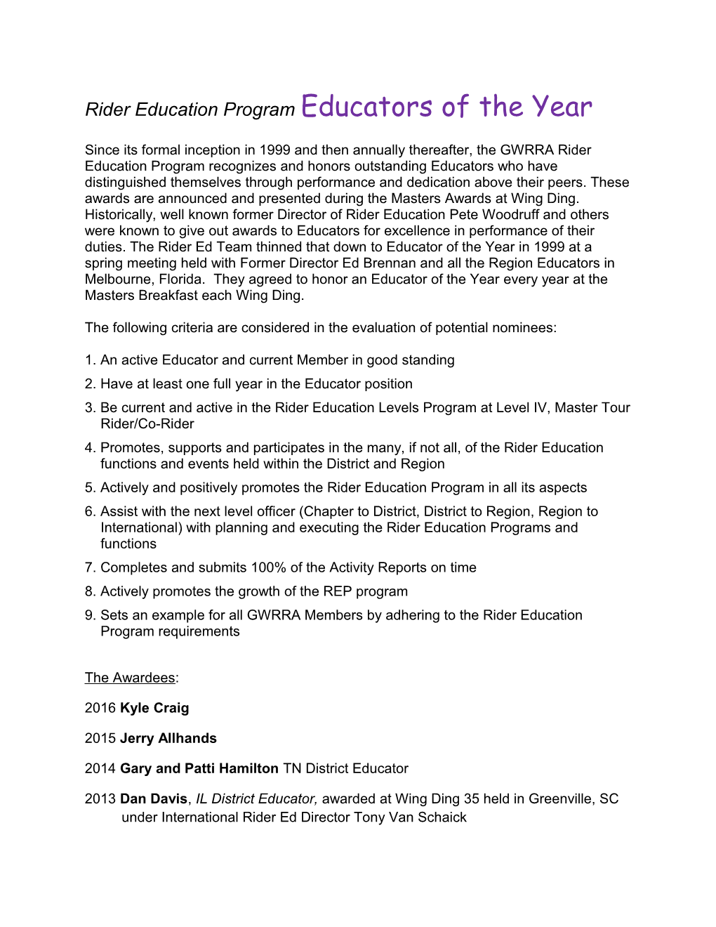Rider Education Programeducators of the Year