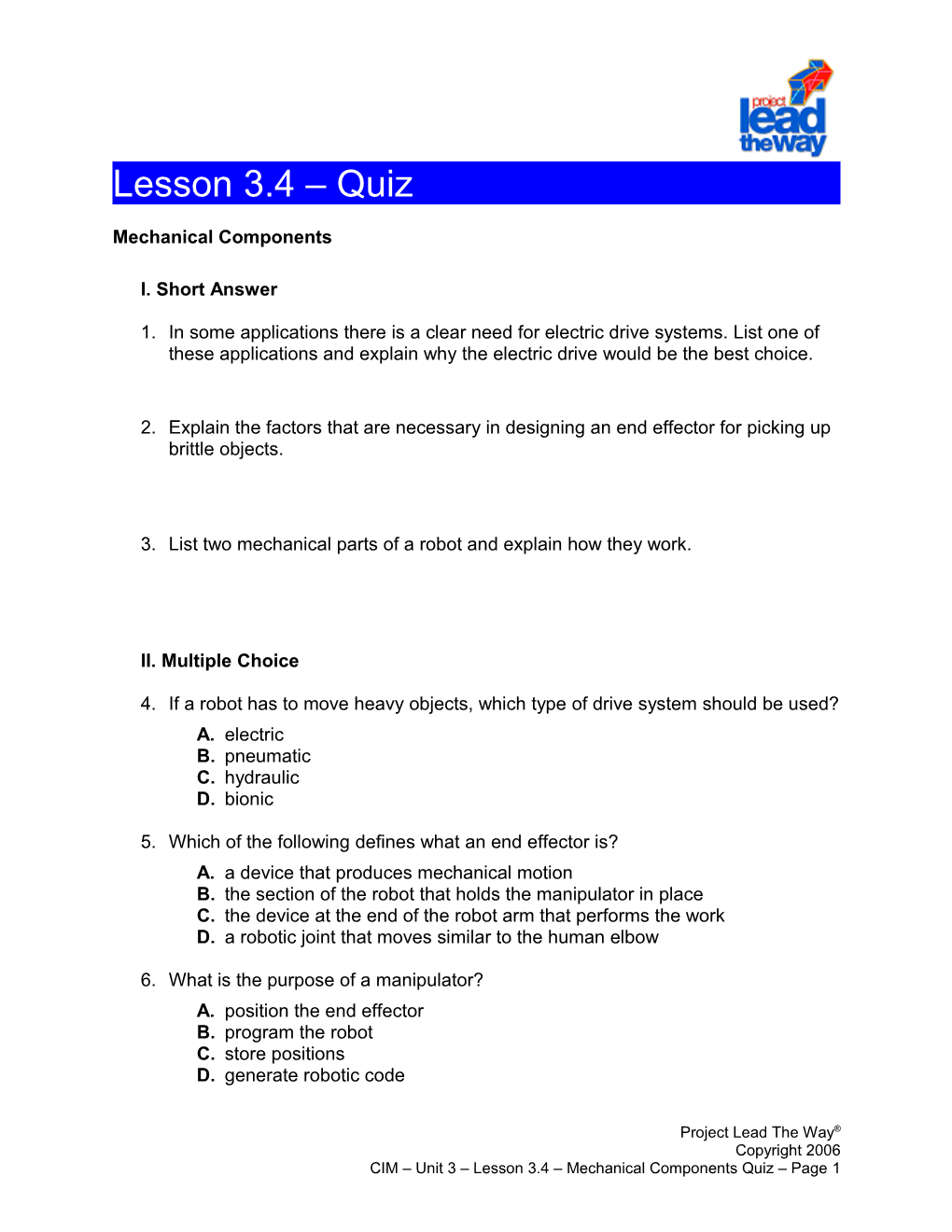 Lesson 3.4 Mechanical Components Quiz