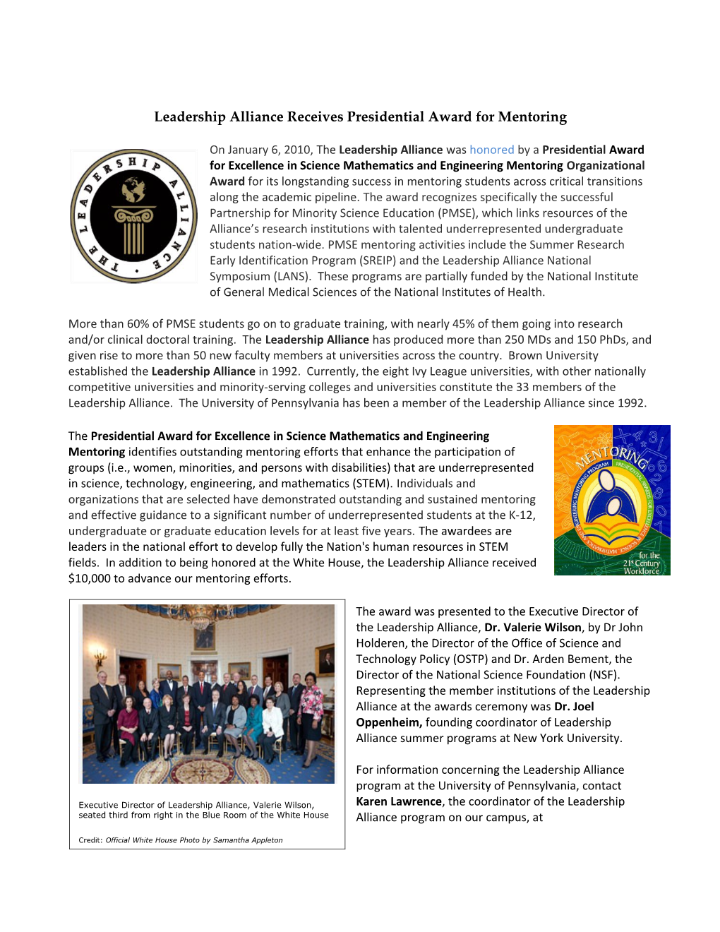 Leadership Alliance Receives Presidential Award for Mentoring