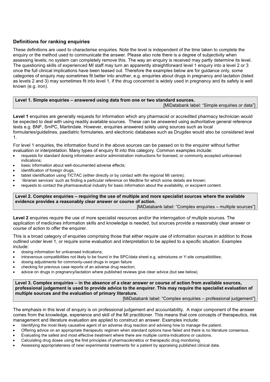 Definitions for Ranking Enquiries