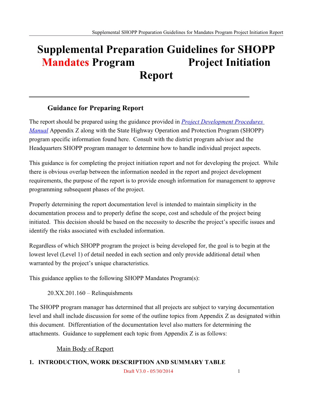 Supplemental SHOPP Preparation Guidelines for Mandates Program Project Initiation Report