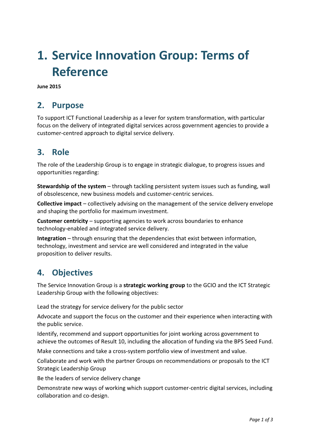 Service Innovation Group: Terms of Reference