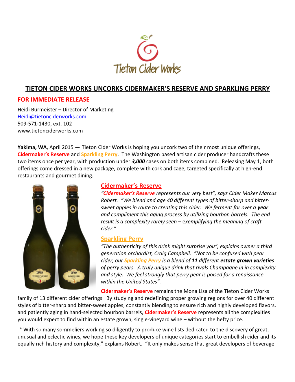 Tieton Cider Works Uncorks Cidermaker S Reserve and Sparkling Perry