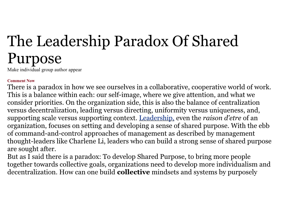 The Leadership Paradox of Shared Purpose