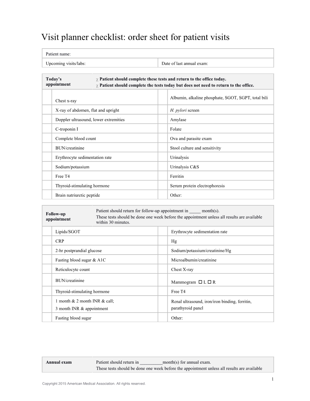 Visit Planner Checklist: Order Sheet for Patient Visits