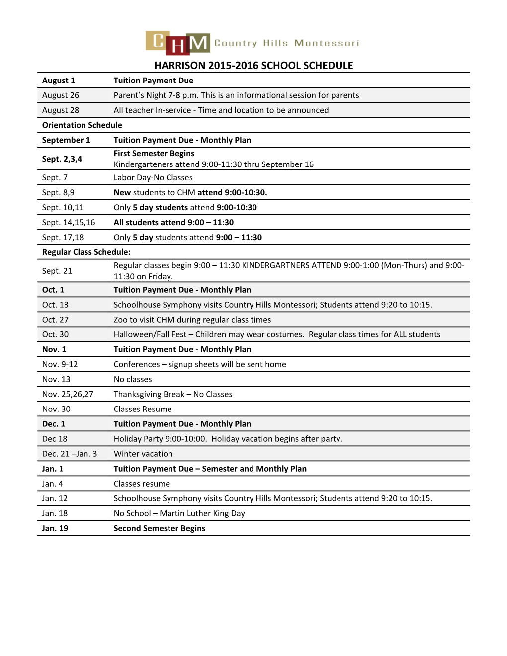 Harrison 2015-2016 School Schedule