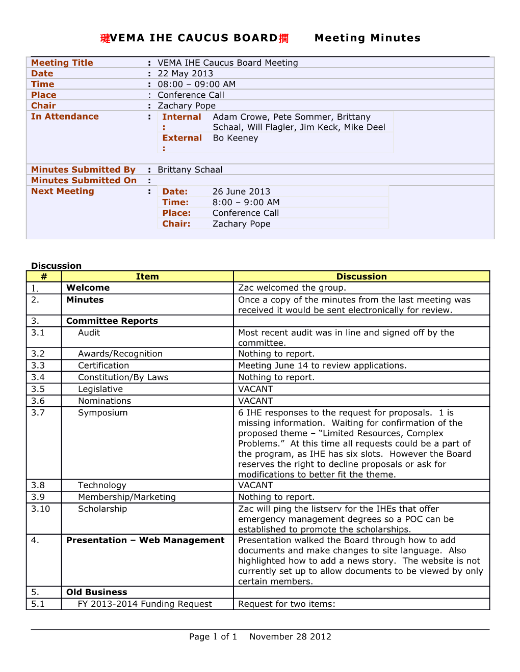 VEMA IHE CAUCUS BOARD Meeting Minutes