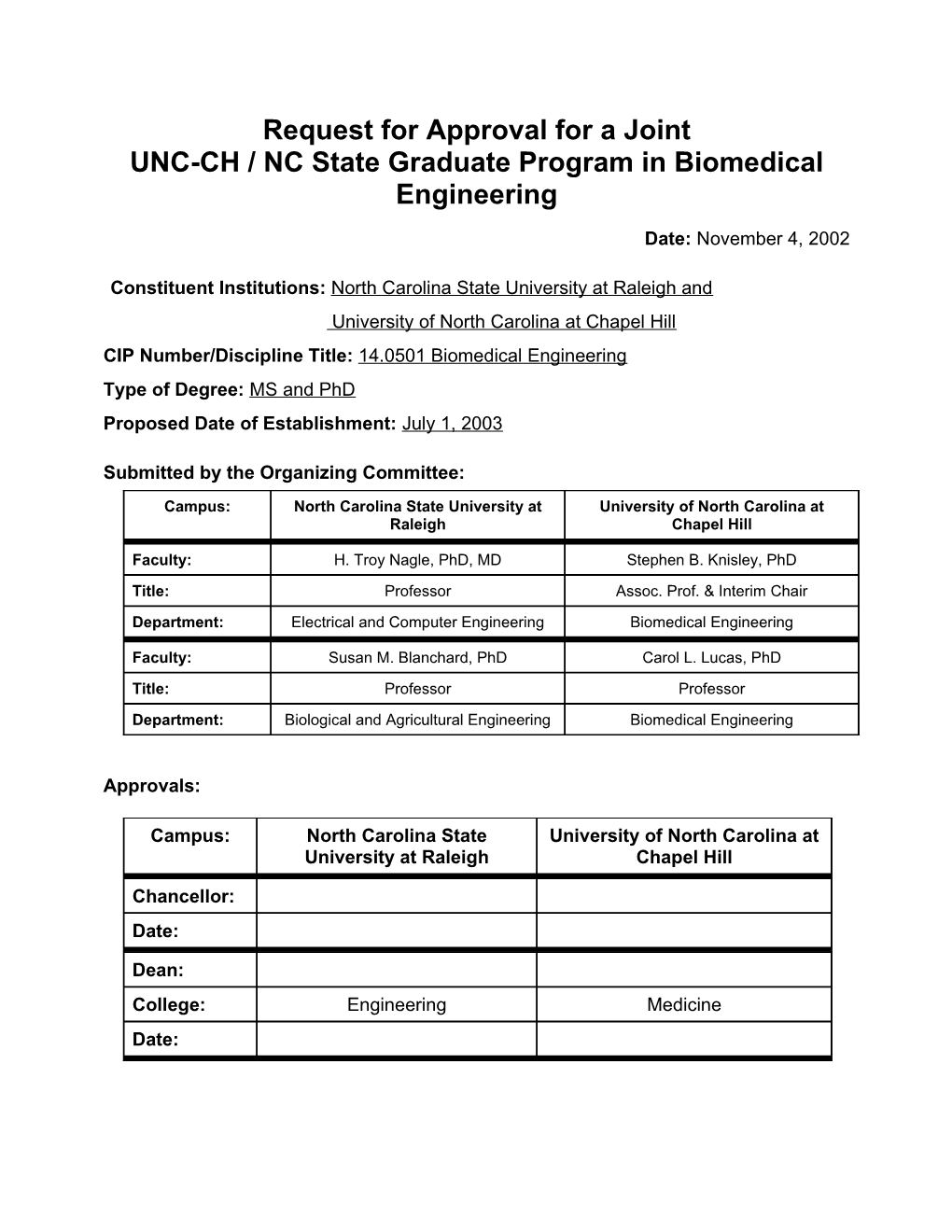 Request for Authorization to Plan a New Degree Program in Biomedical Engineering