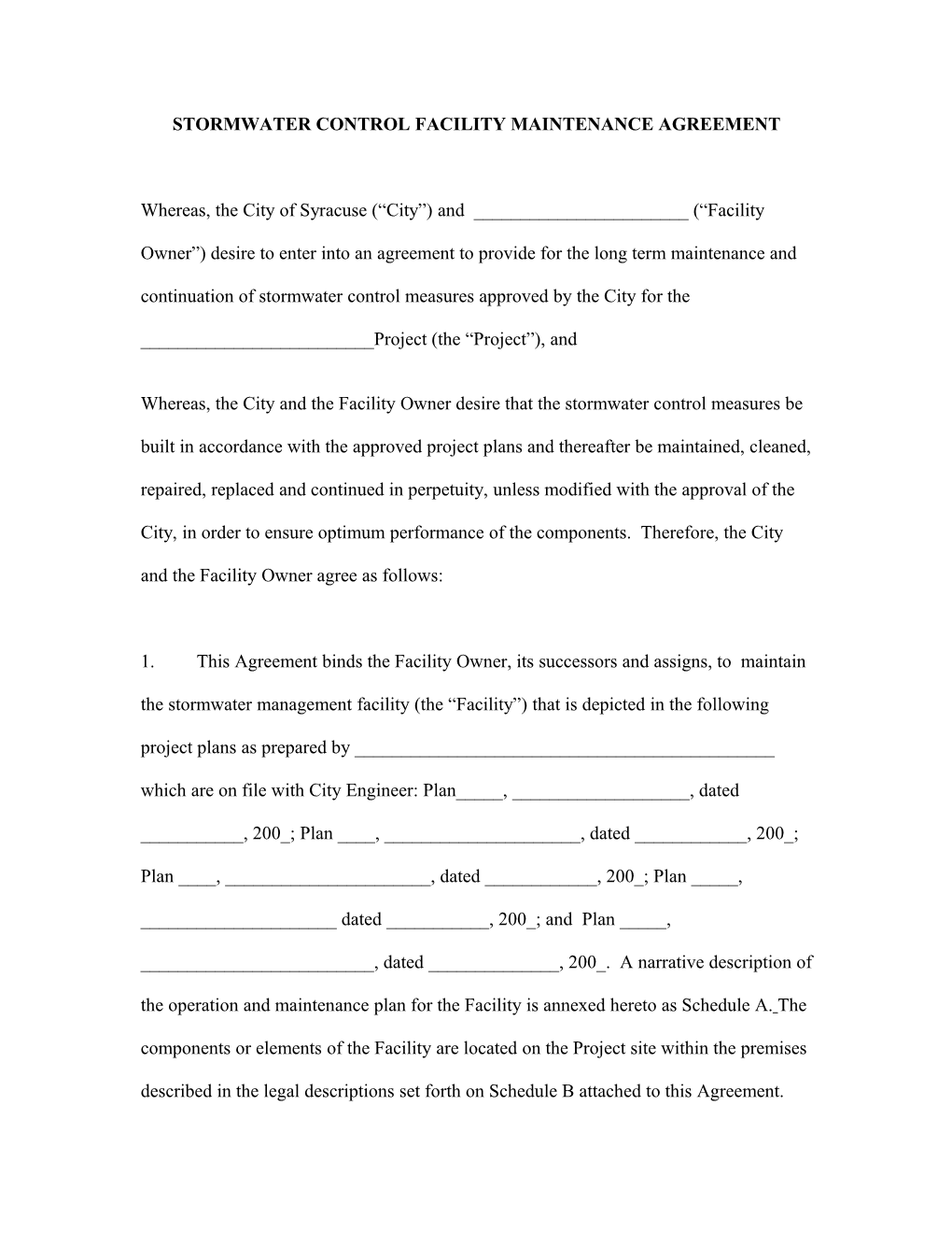 Stormwater Control Facility Maintenance Agreement