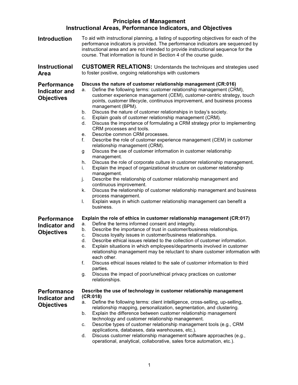 Instructional Areas, Performance Indicators, and Objectives