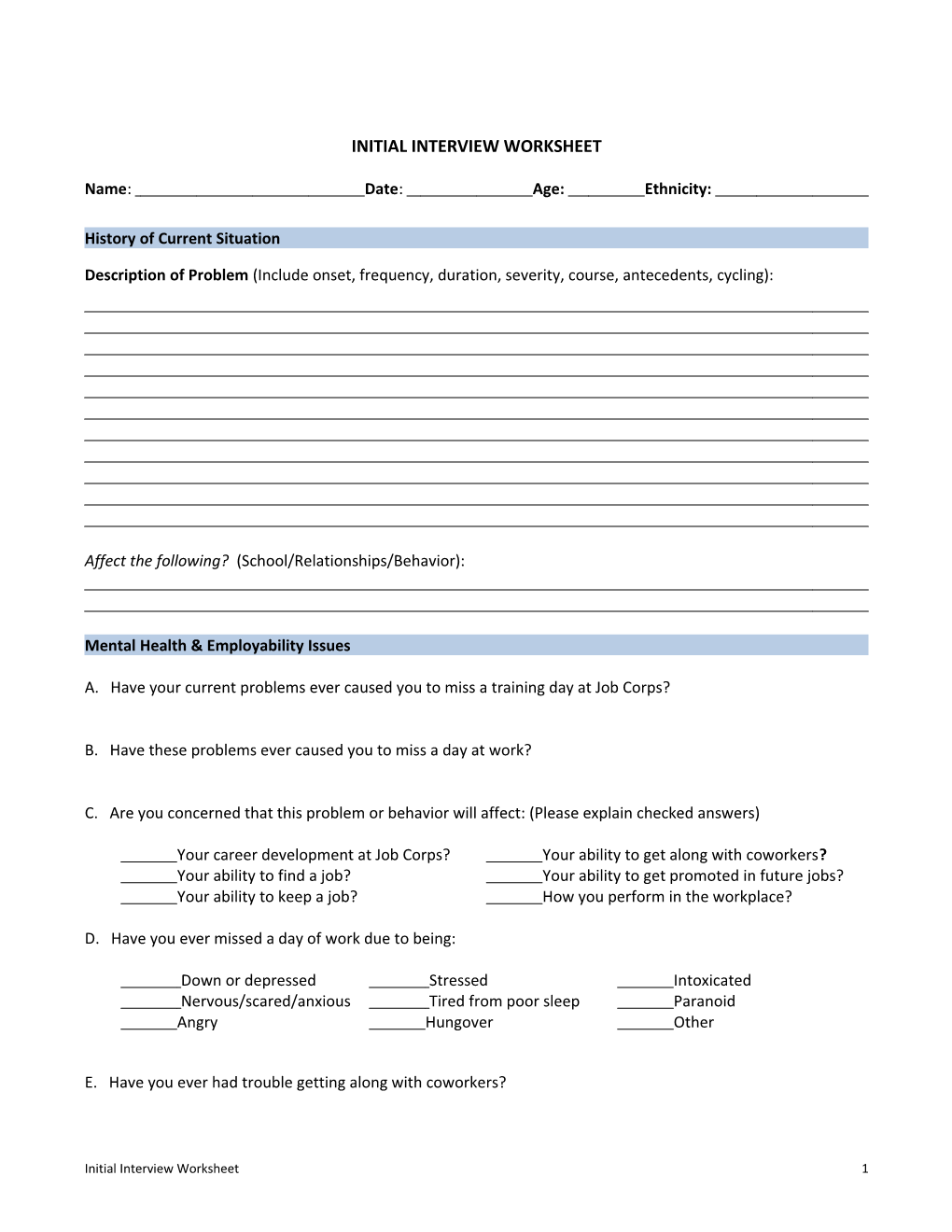 Initial Interview Worksheet