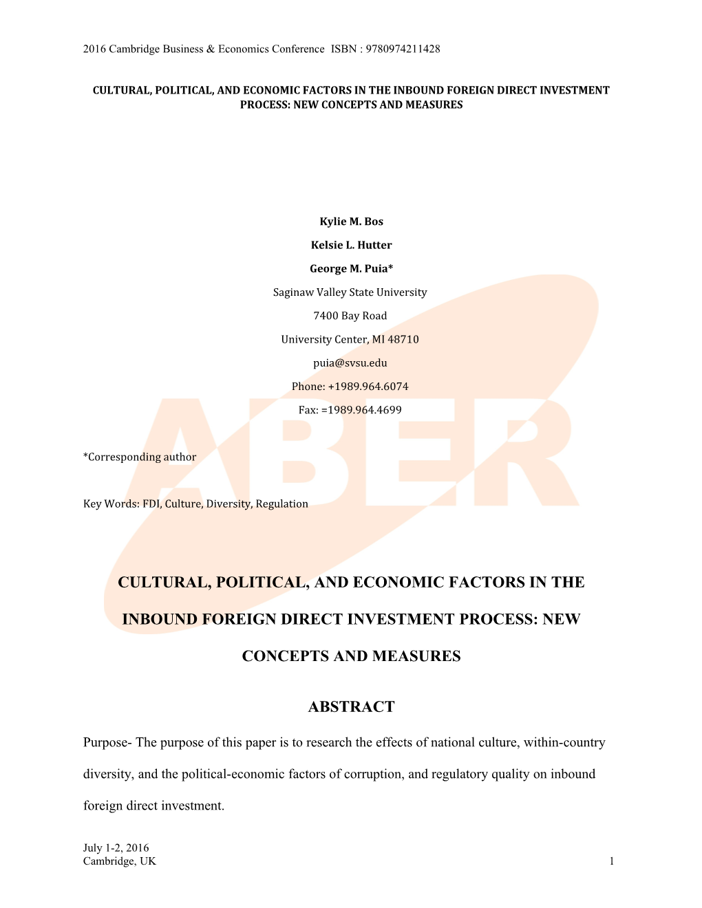 Cultural, Political, and Economic Factors in the Inbound Foreign Direct Investment Process