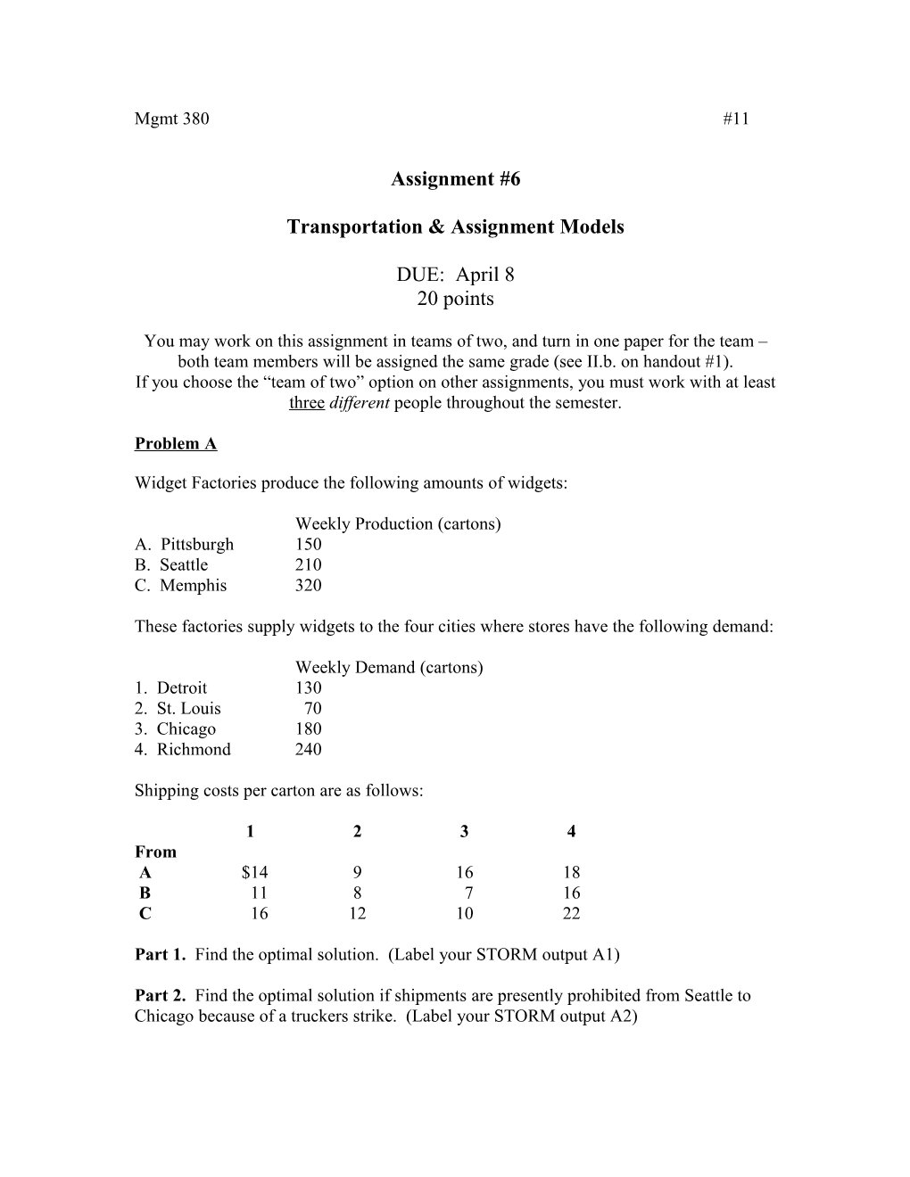 Transportation & Assignment Models