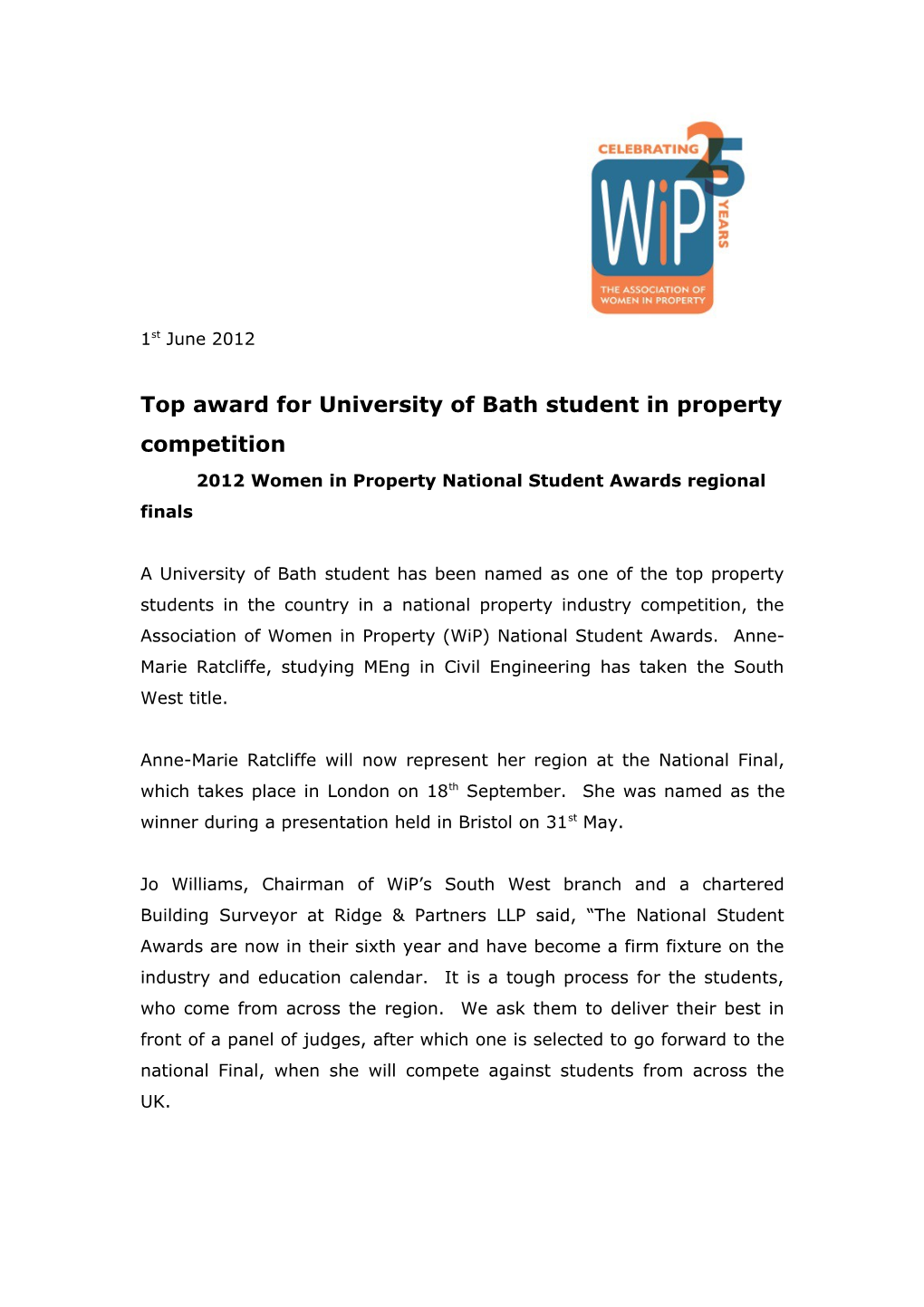 Top Award for University of Bath Student in Property Competition