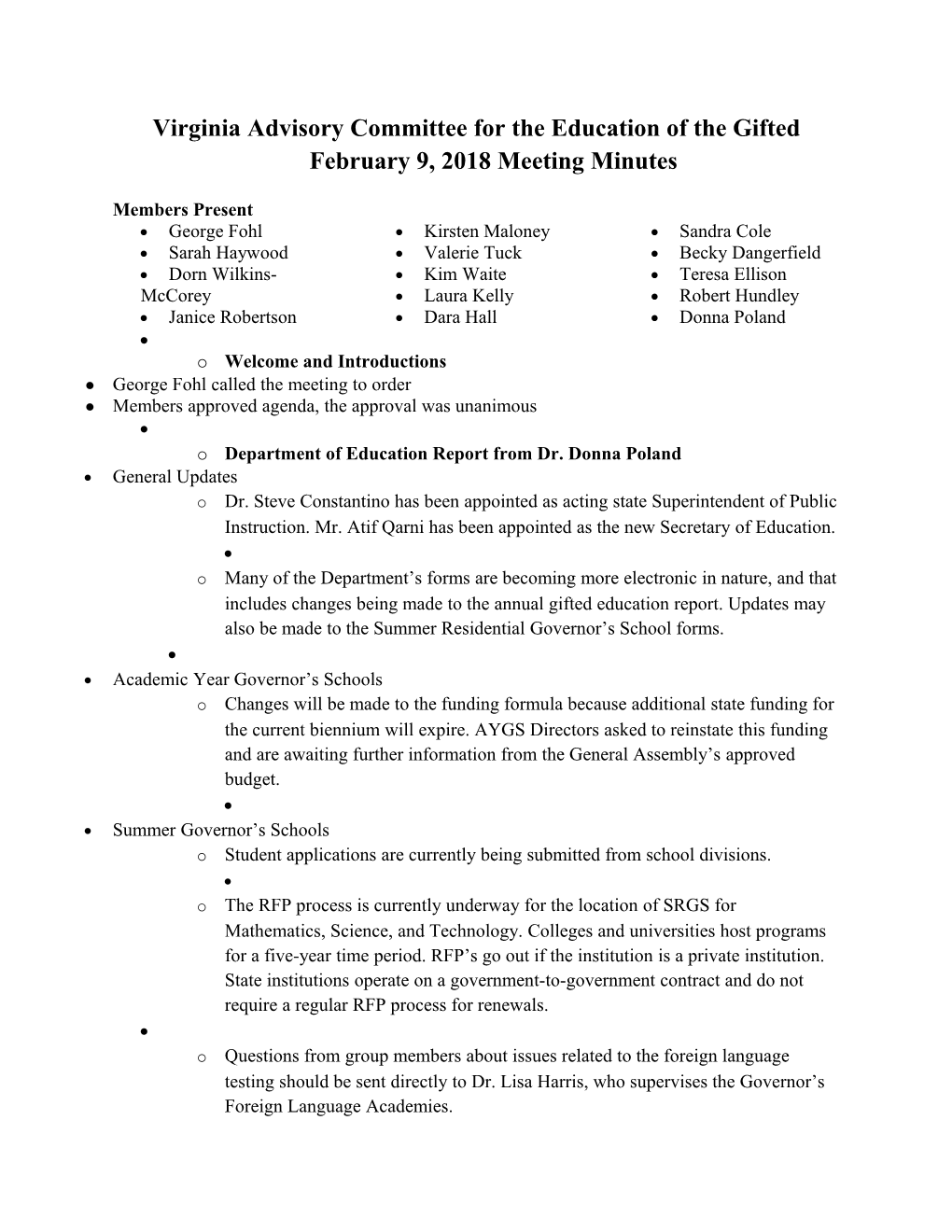 Virginia Advisory Committee for the Education of the Giftedfebruary 9, 2018 Meeting Minutes