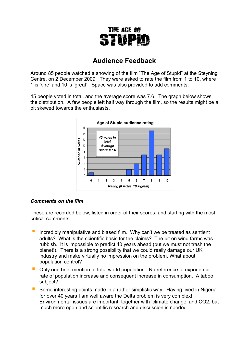 Audience Feedback on the Age of Stupid