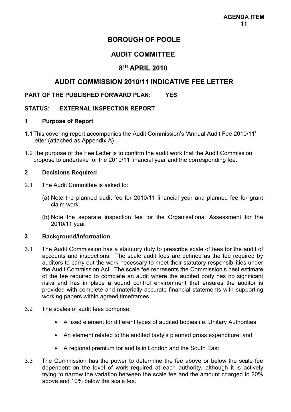 Audit Commission 2010/11 Indicative Fee Letter