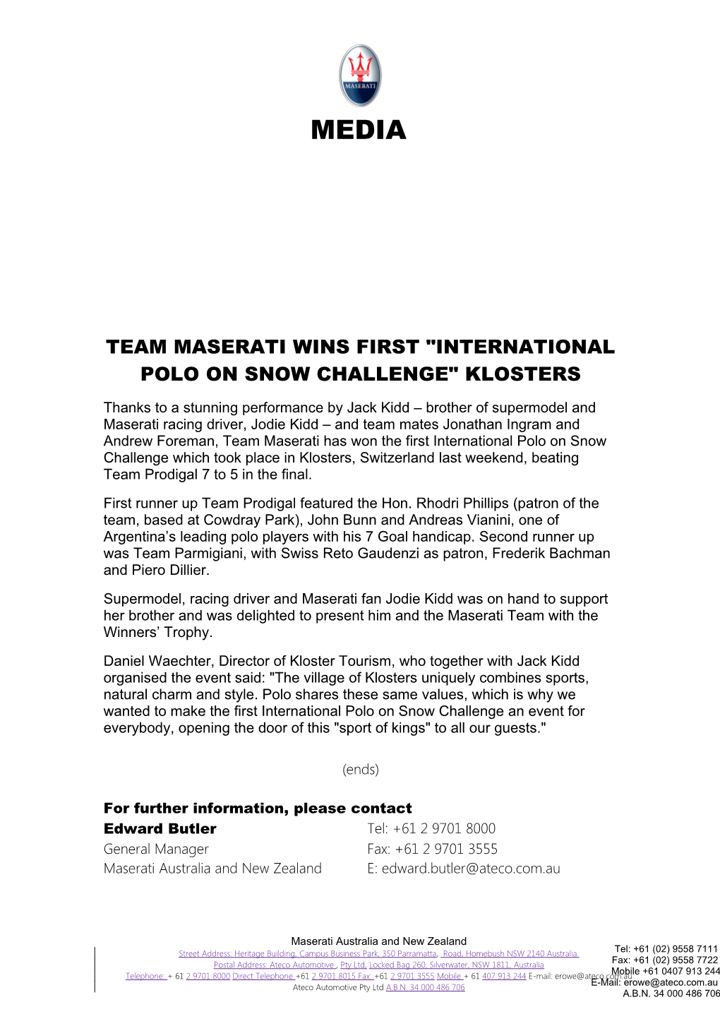 Team Maserati Wins First International Polo on Snow Challenge Klosters
