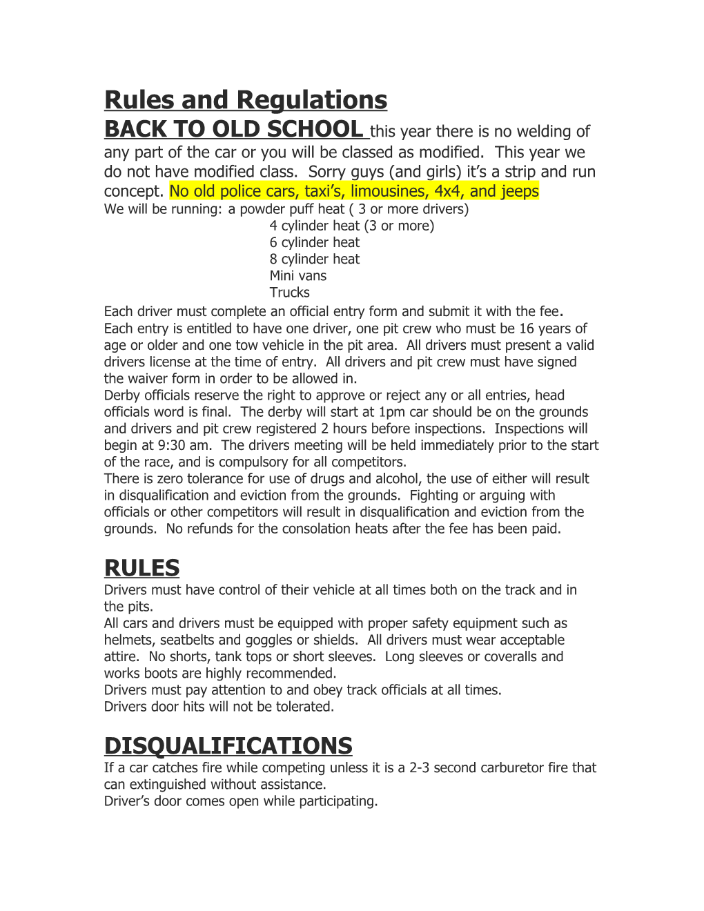 Rules for Petrolia and Alvinston Demo Derby