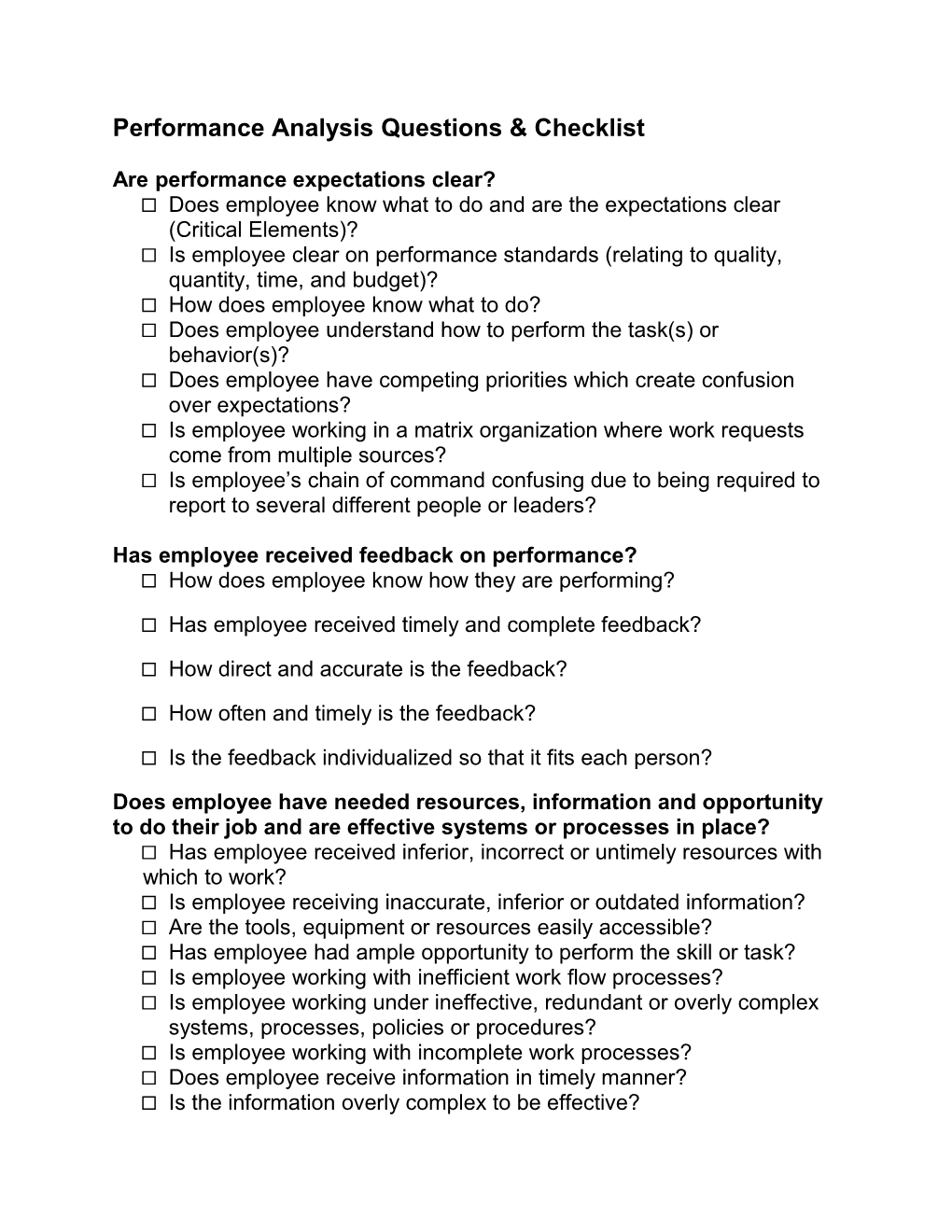 Performance Analysis Questions & Checklist