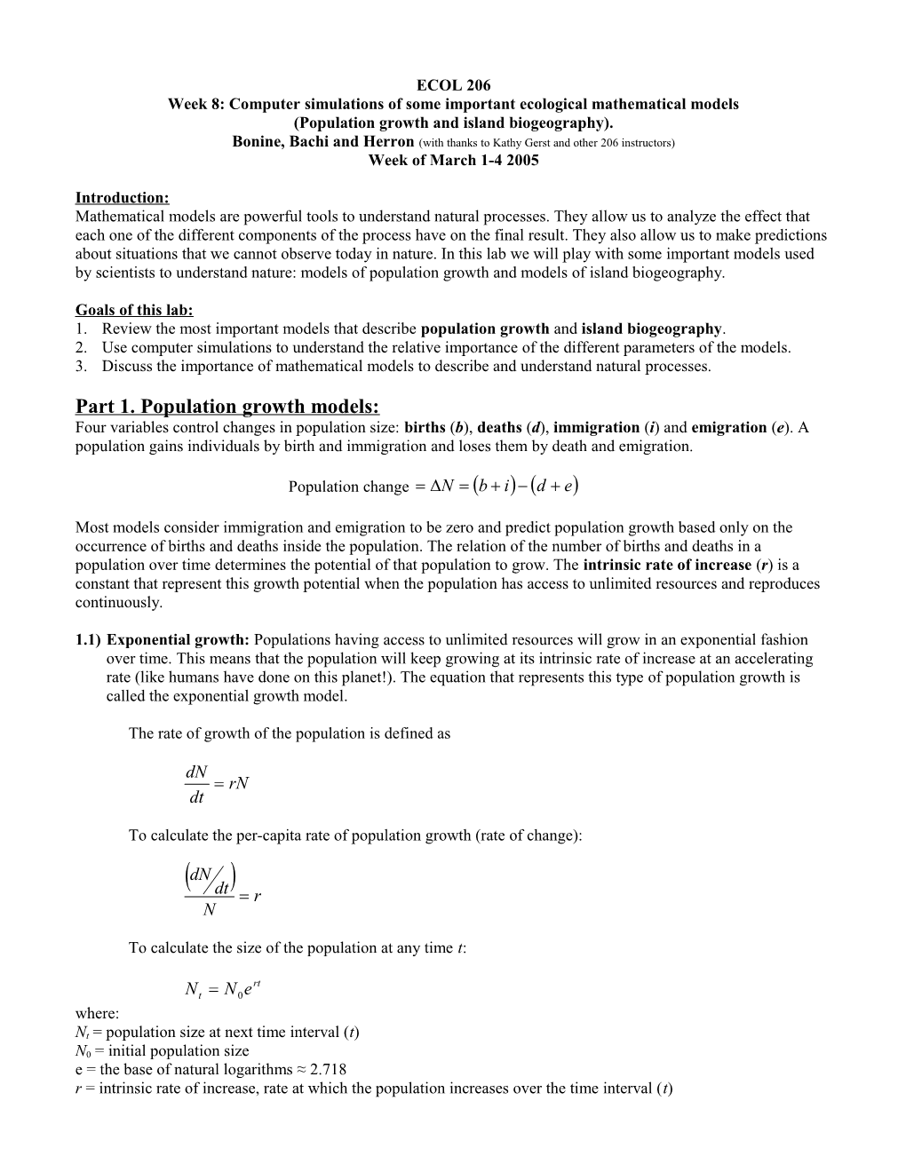 Week 8: Computer Simulations of Some Important Ecological Mathematical Models