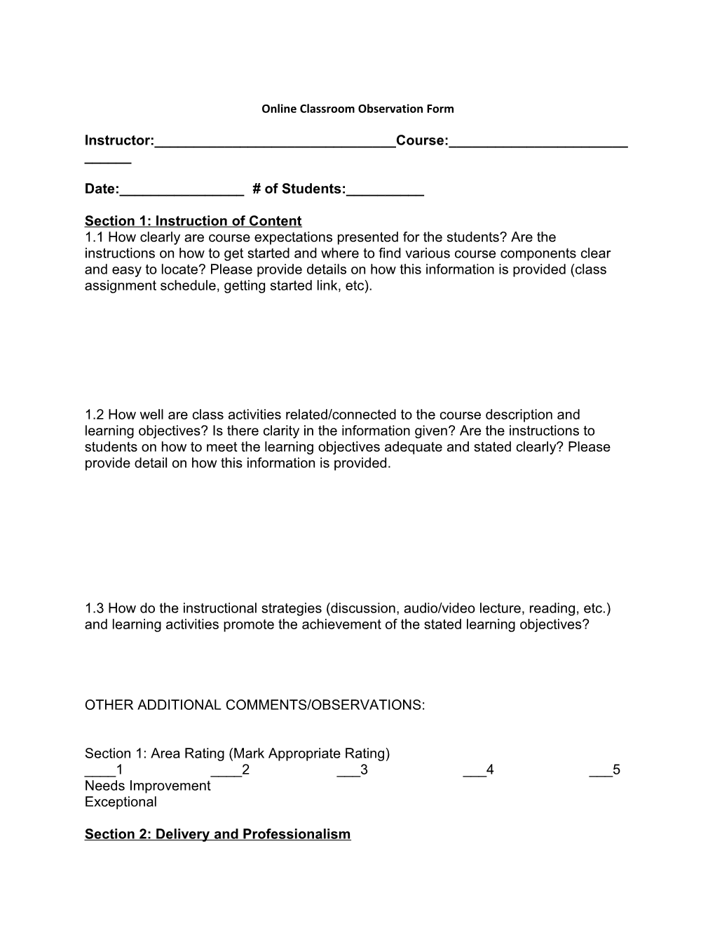 Online Classroom Observation Form