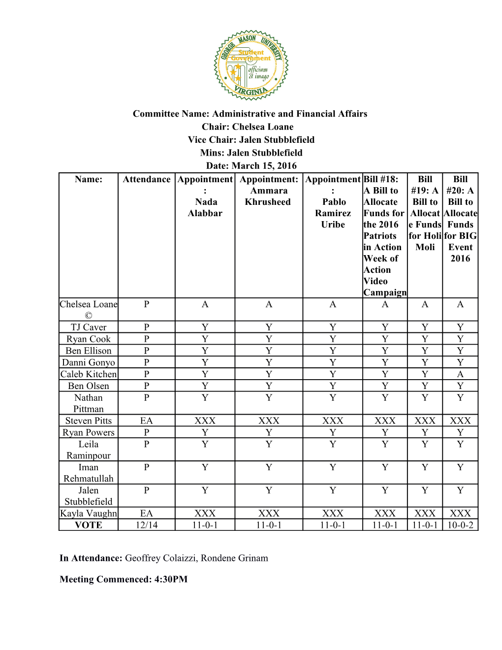 Committee Name: Administrative and Financial Affairs