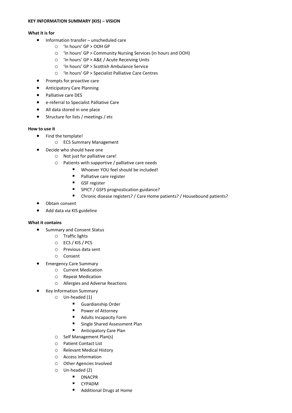 Key Information Summary (Kis) Vision