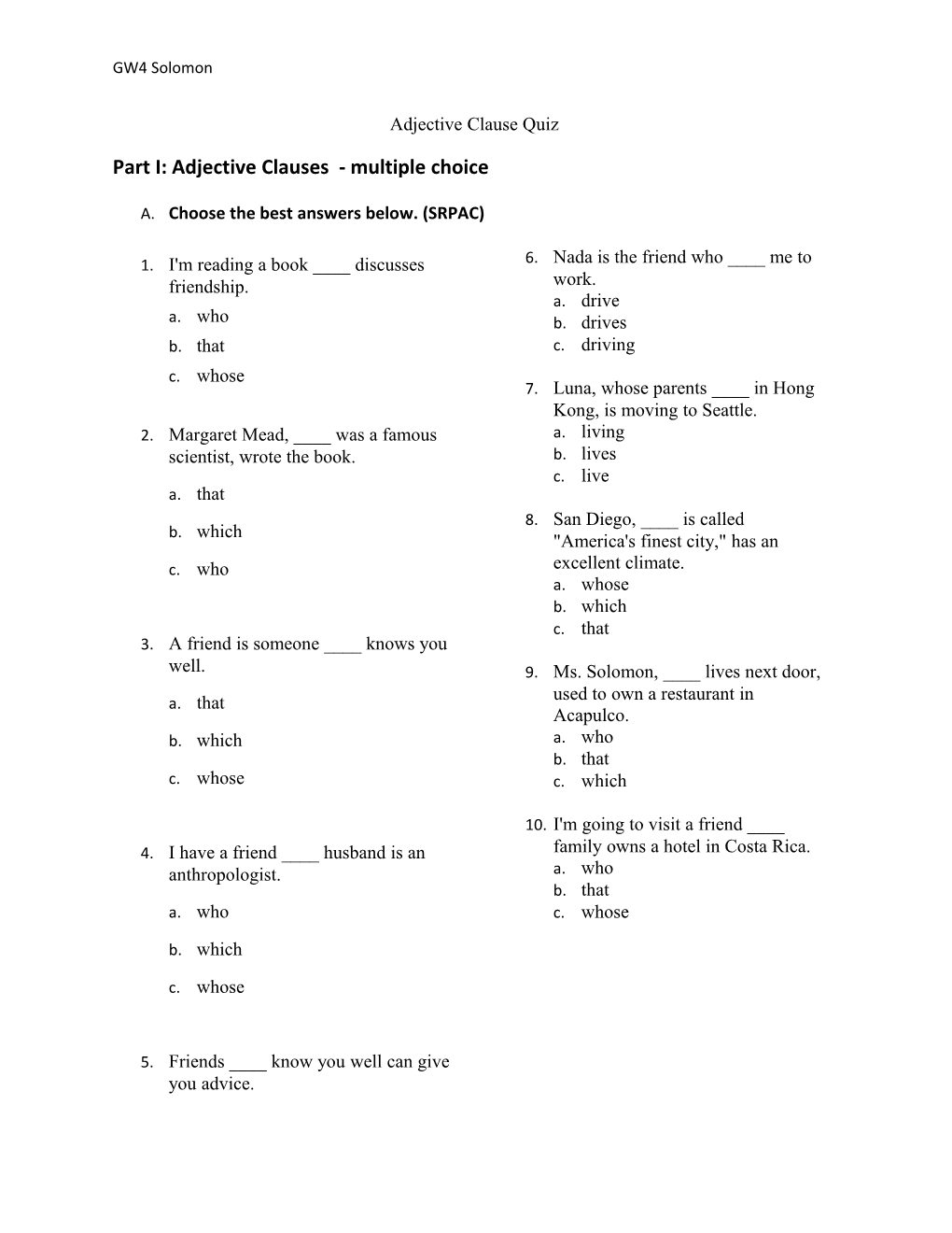 Part I: Adjective Clauses - Multiple Choice