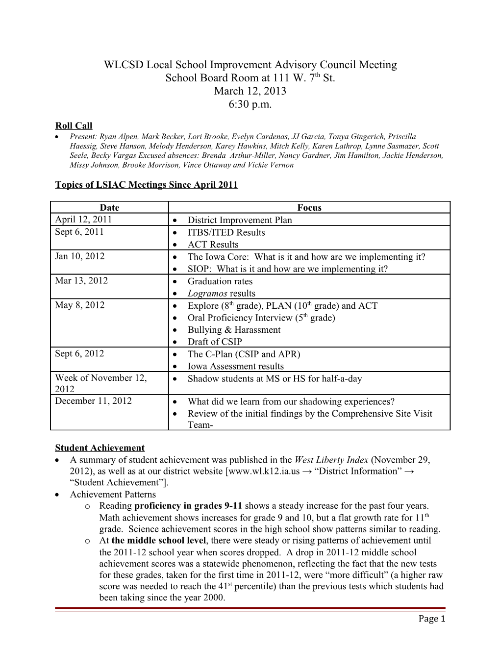 WLCSD Local School Improvement Advisory Council Meeting