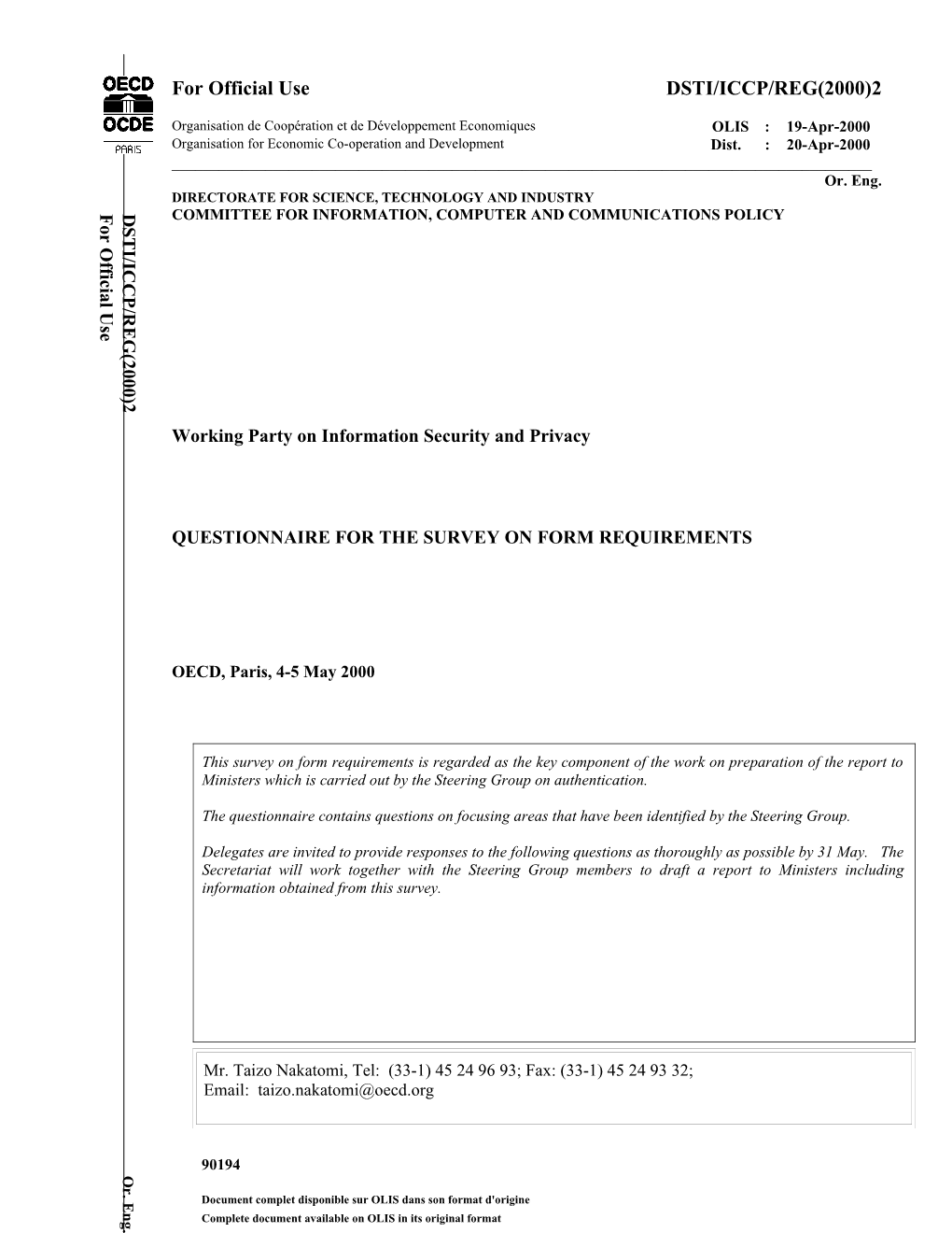 Questionnaire for the Survey on Form Requirements