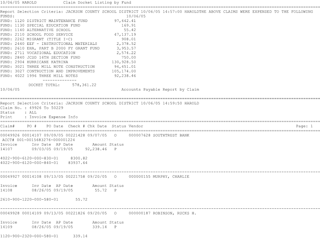 10/06/05 HAROLD Claim Docket Listing by Fund