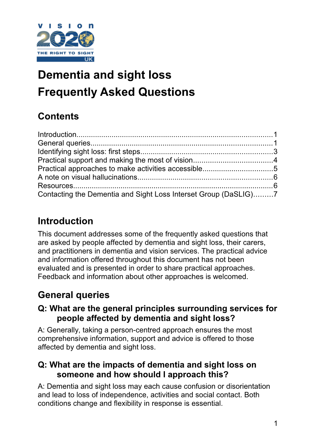 Dementia and Sight Loss Frequently Asked Questions