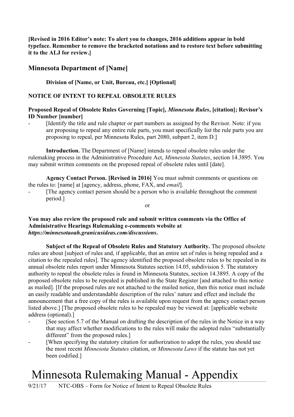 Form for Notice of Intent to Repeal Obsolete Rules