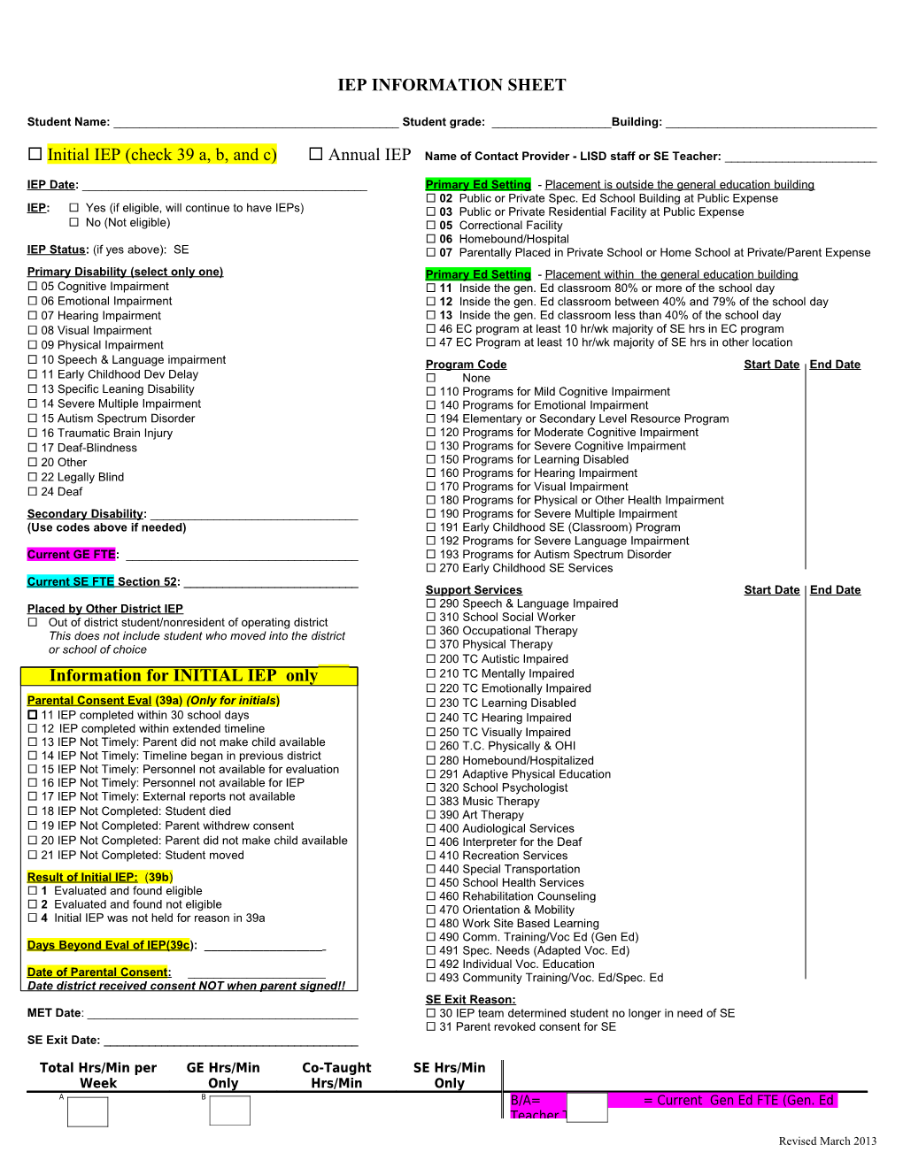 Iep Information Sheet