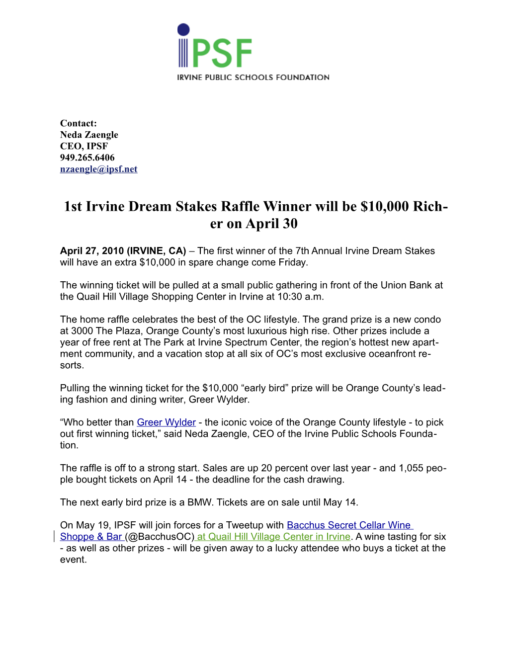 1St Irvine Dream Stakes Raffle Winner Will Be $10,000 Richer on April 30