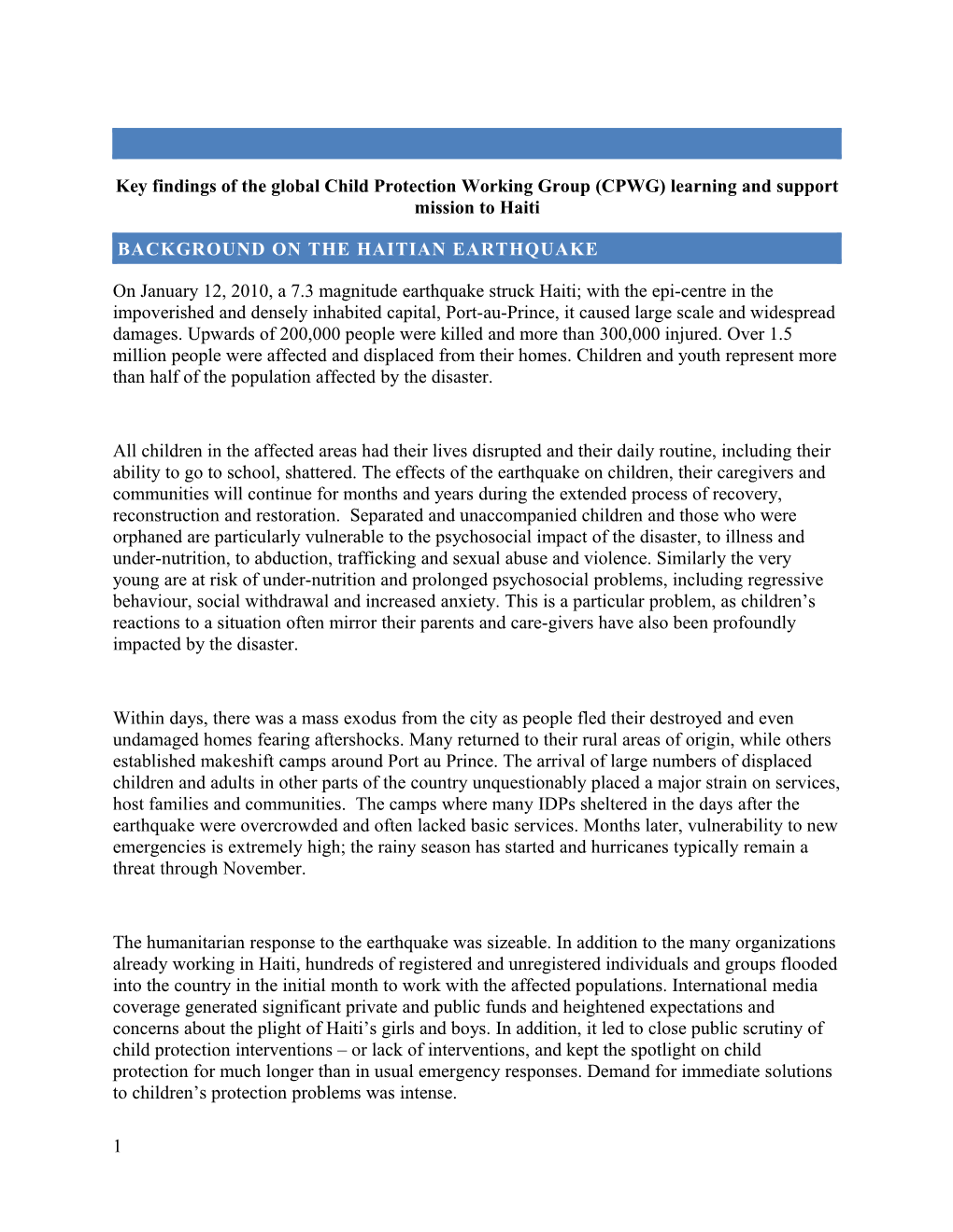 Key Findings of the Global Child Protection Working Group Learning and Support Mission to Haiti