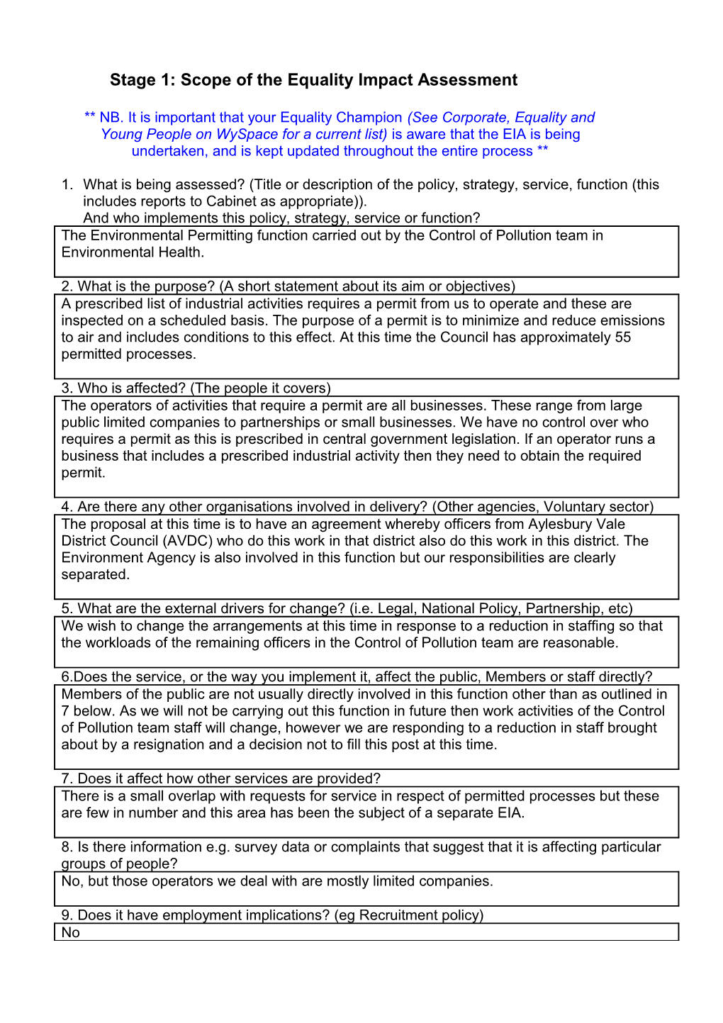 Stage 1: Scope of the Equality Impact Assessment