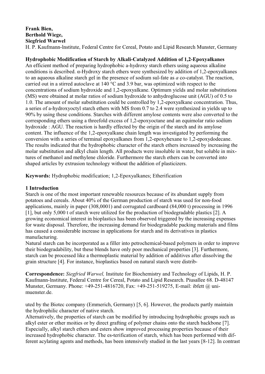 Hydrophobic Modification of Starch by Alkali-Catalyzed Addition of 1,2-Epoxyalkanes