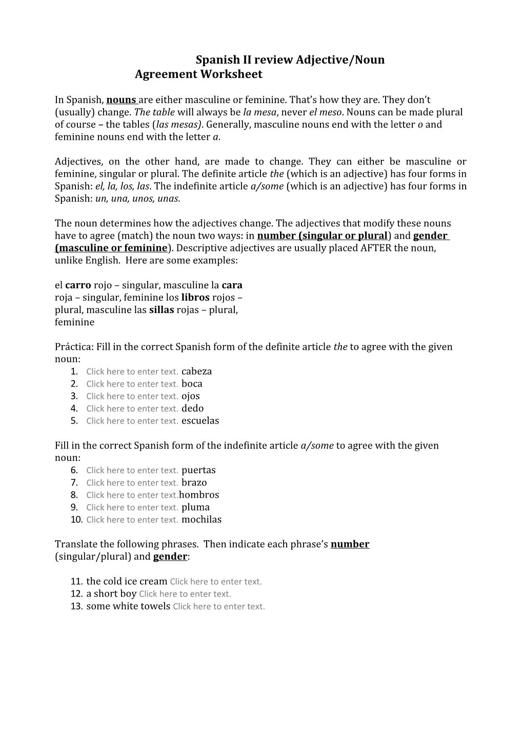 Spanish II Review Adjective/Noun Agreement Worksheet
