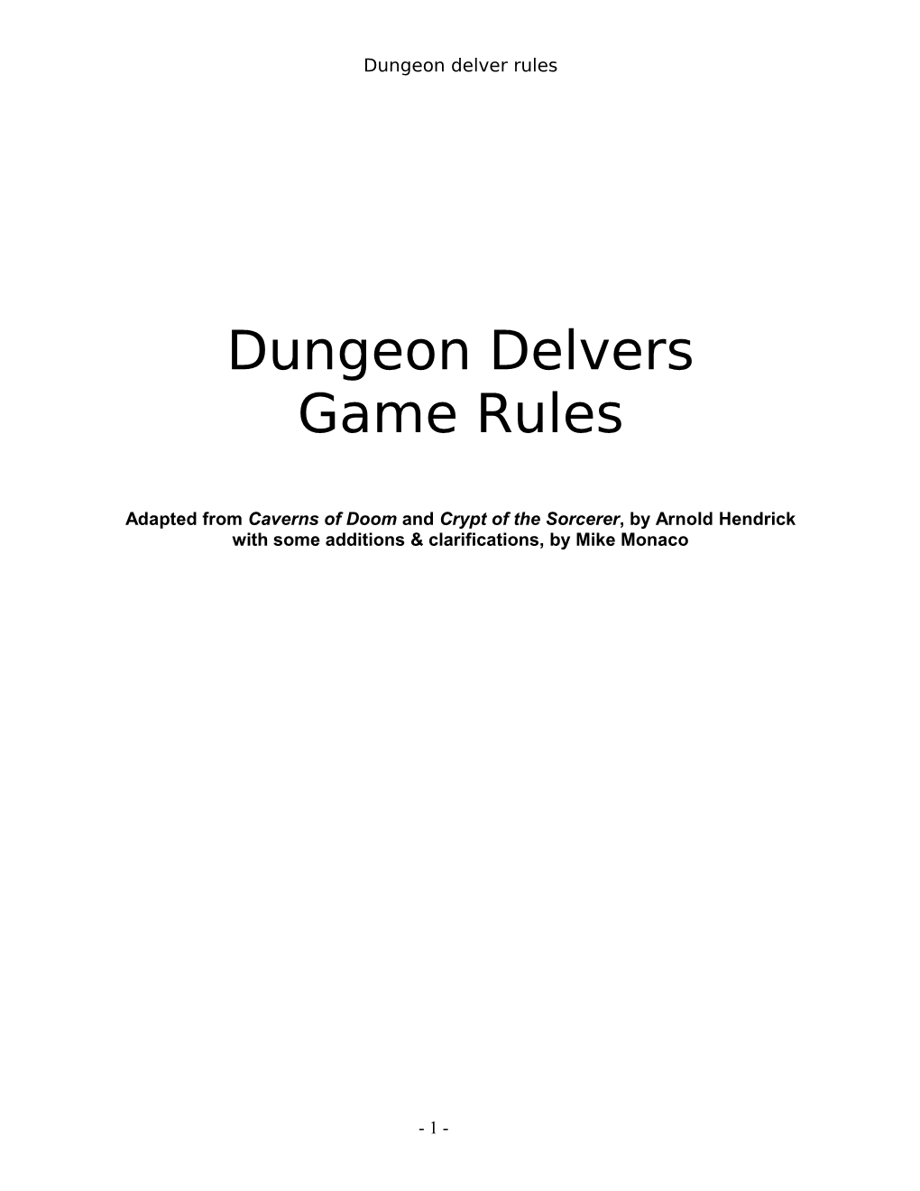 Dungeon Delvers Game Rules