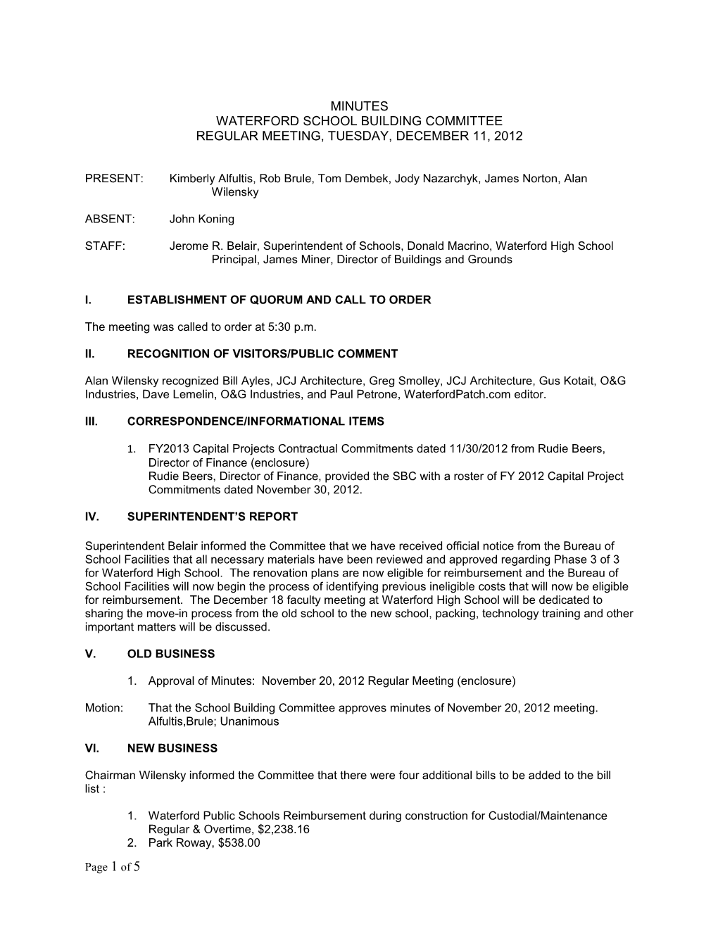 School Building Committee Minutes December 11, 2012