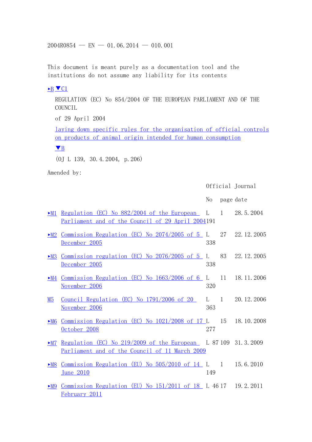 REGULATION (EC) No 854/2004 of the EUROPEAN PARLIAMENT and of the COUNCIL