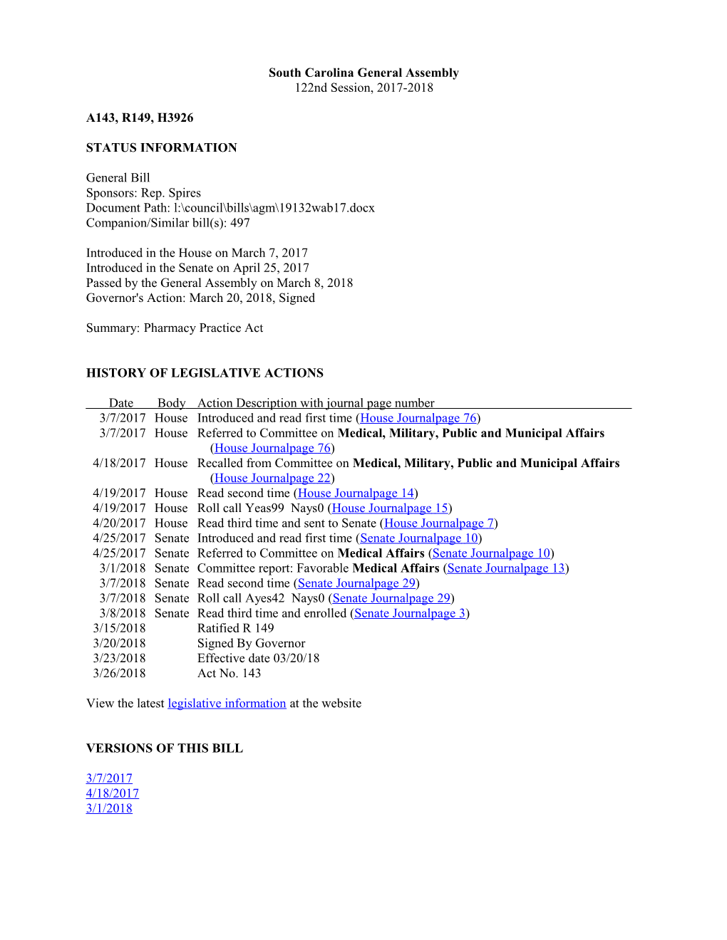 2017-2018 Bill 3926: Pharmacy Practice Act - South Carolina Legislature Online