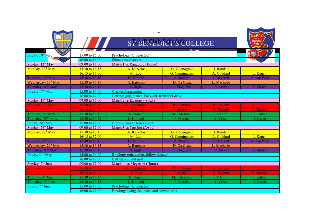 T.A.P Club Schedule