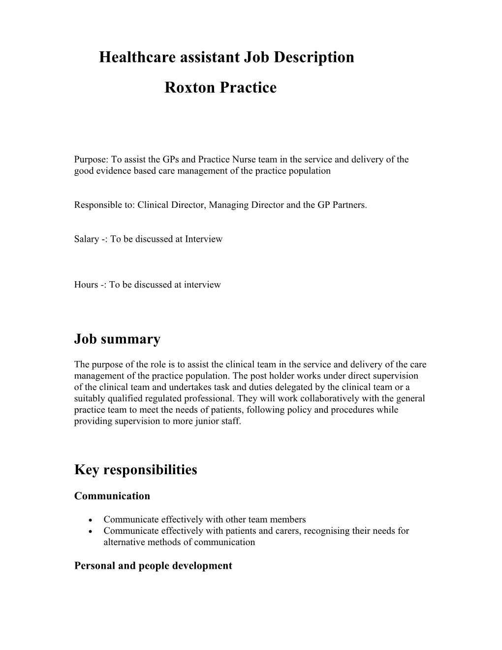 Level 2 - Job Description for a Health Care Assistant in General Practice