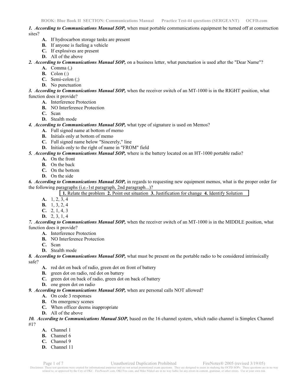 BOOK: Blue Book II SECTION: Communications Manual Practice Test-44 Questions (SERGEANT)