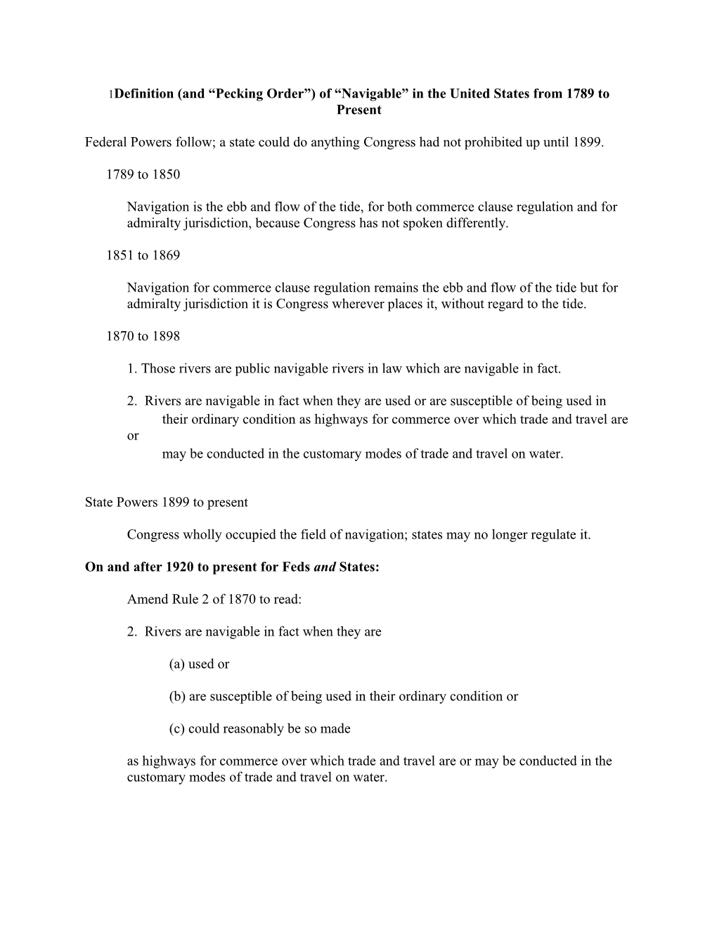 Definition (And Pecking Order ) of Navigable in the United States from 1789 to Present