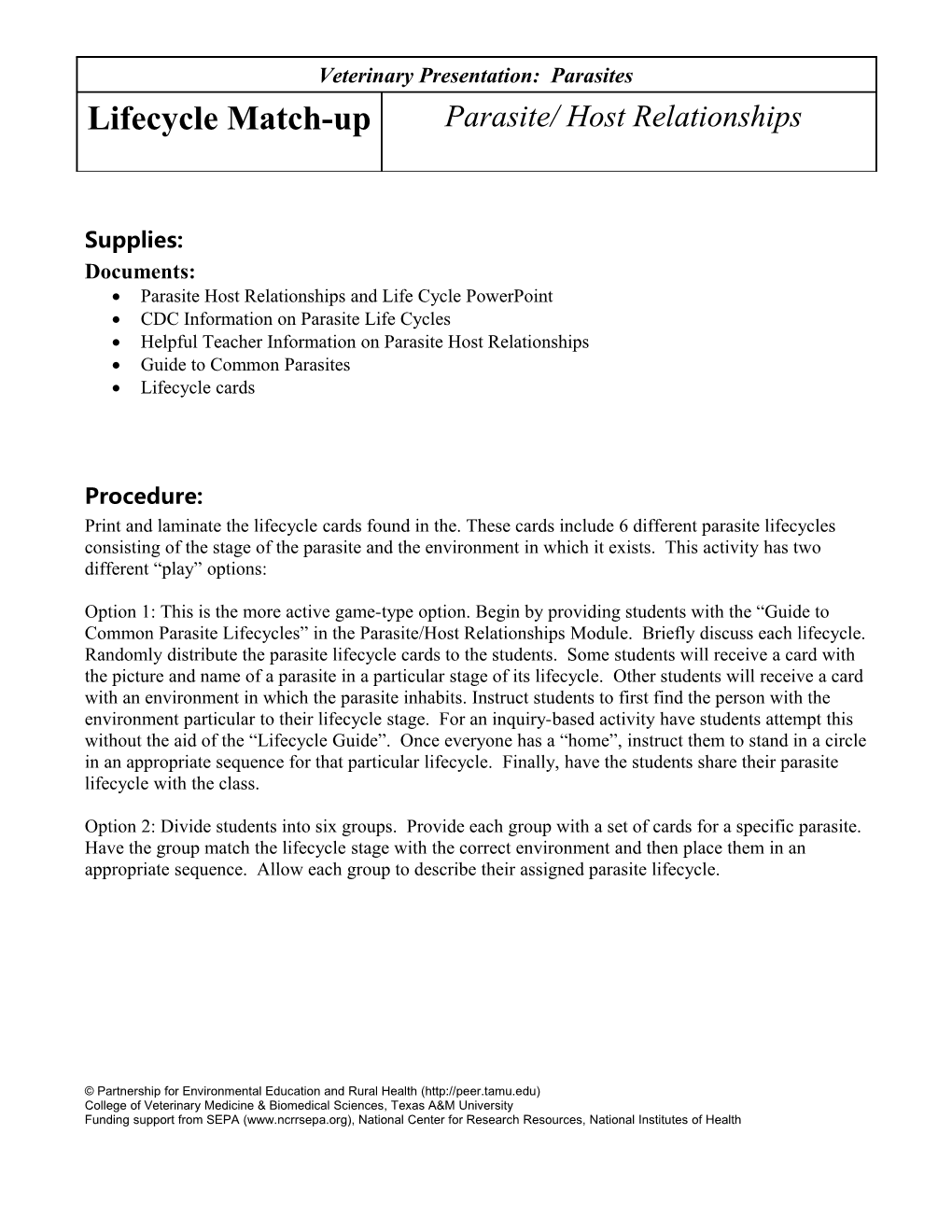 Veterinary Presentation: Parasites Teacher Lesson: Parasite/Host Relationships