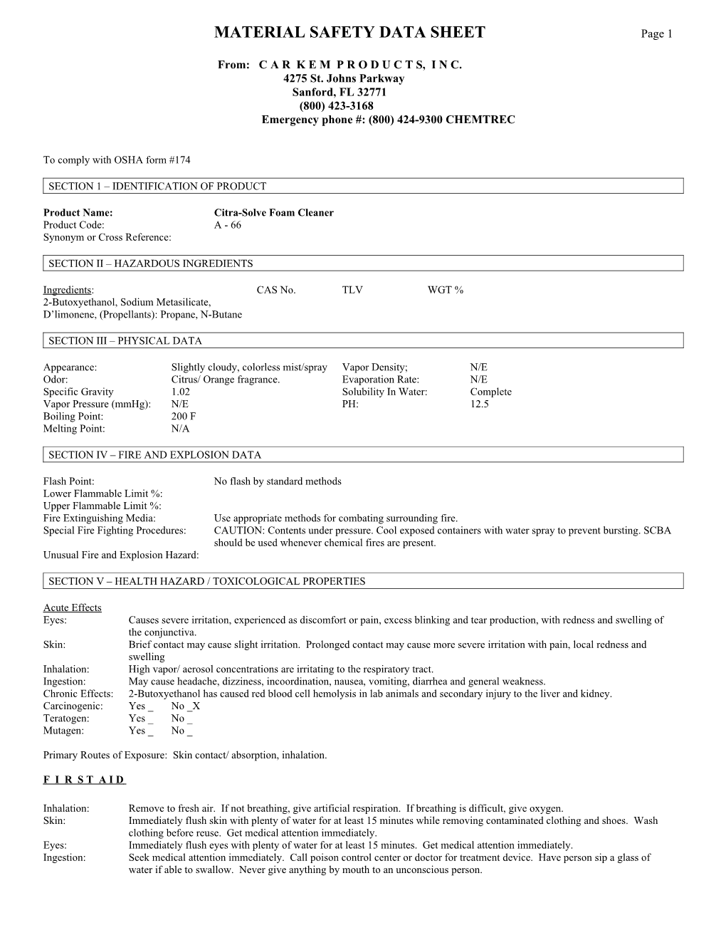 MATERIAL SAFETY DATA SHEET Page 1 s1